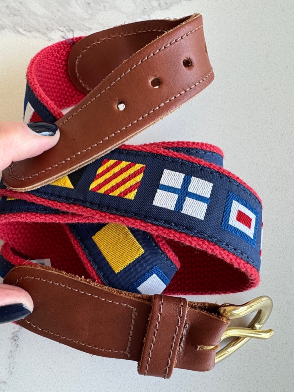 Brass Leather Sailing Flag Ribbon Belt Preston New England made USA 38 nautical